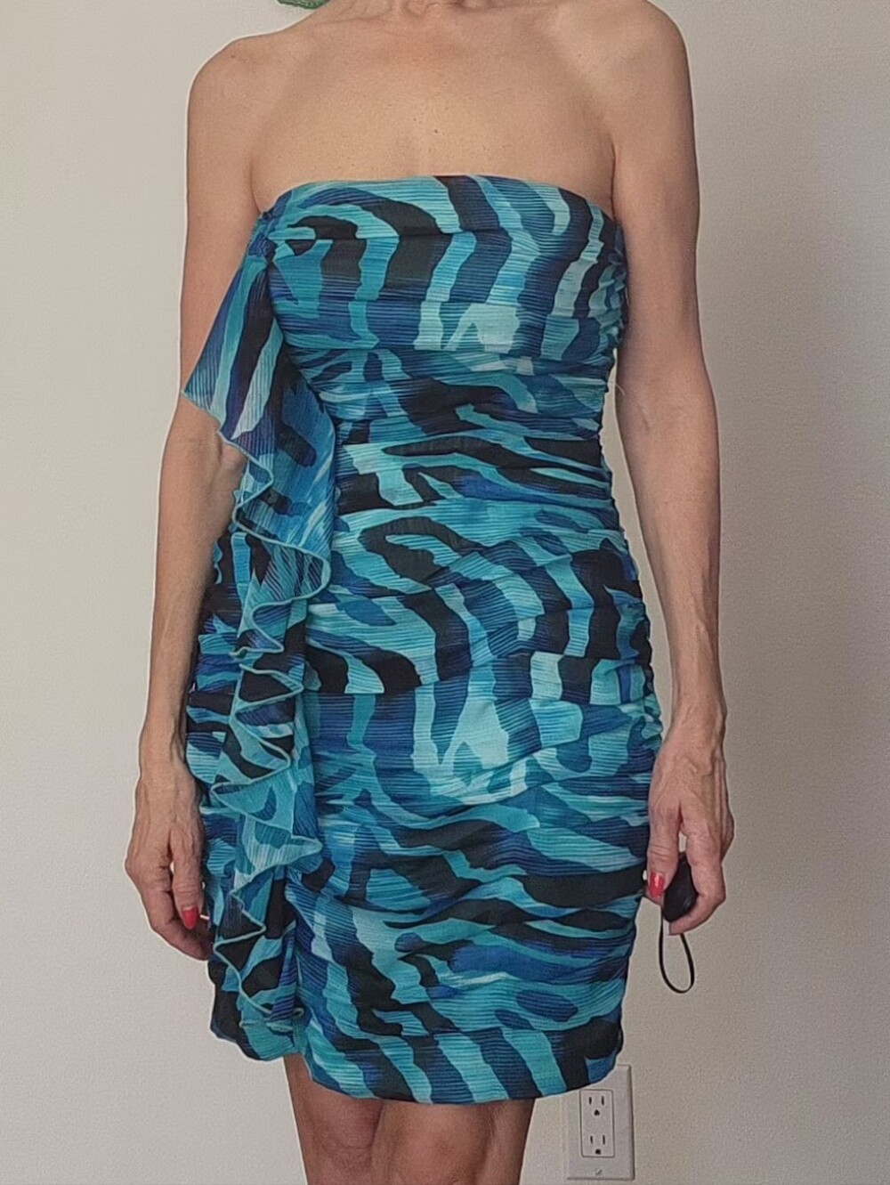 City Triangles Strapless Blue Zebra-Print Ruched Cocktail Dress